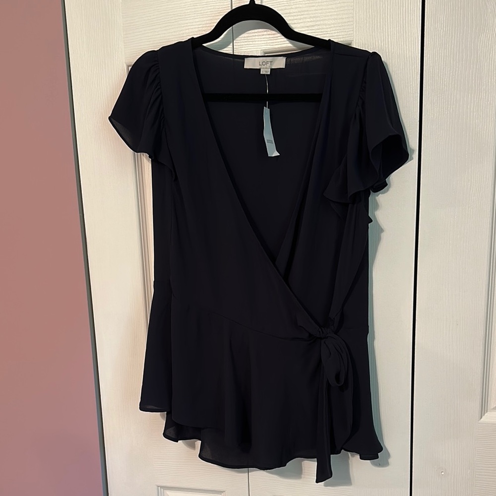 LOFT Navy Tie Wrap Blouse